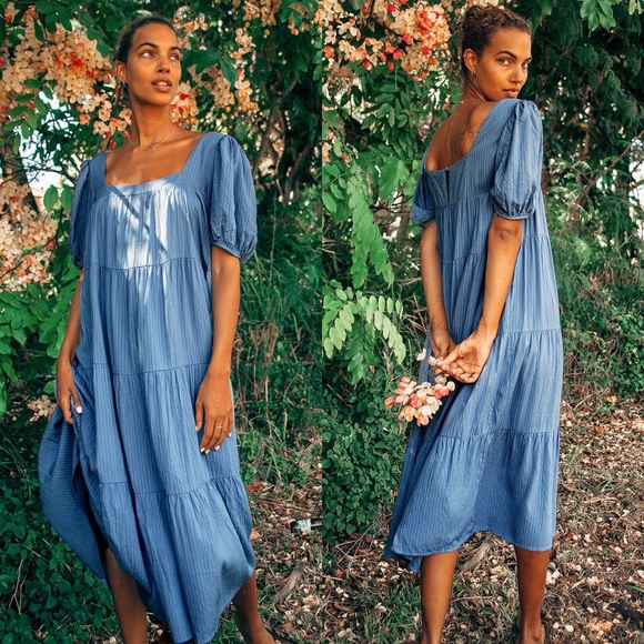 Lulus Dresses & Skirts - Lulus | Happy Tiers Denim Blue Striped Puff Sleeve Midi Dress